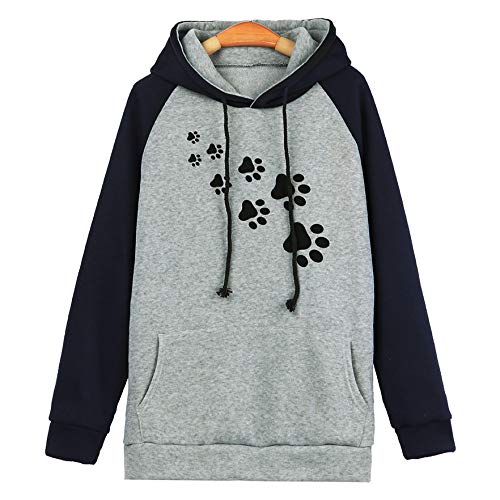 OverDose Sudadera Para Mujer Patchwork con Capucha Moda Linda Casual Ropa De Abrigo Suelta Abrigo De Manga Larga Huellas De Perro Ropa De Fiesta Impresa