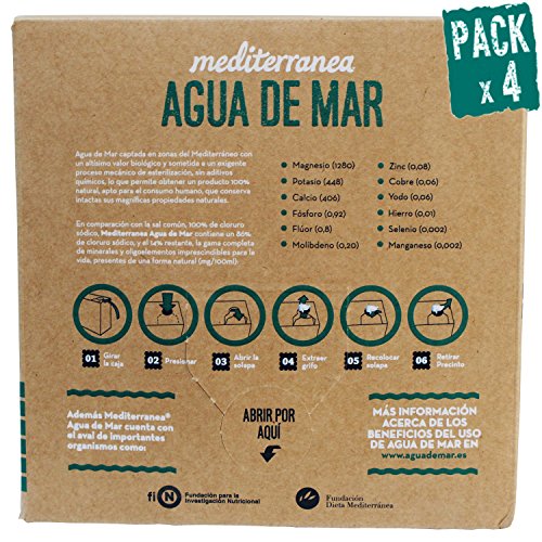 Pack de 4 uds Agua de mar alimentaria Mediterranea, envase eco de 5 Litros, aporta 78 minerales y oligoelementos, realza el sabor original de tus comidas sin necesidad de añadir sal