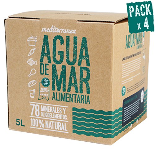 Pack de 4 uds Agua de mar alimentaria Mediterranea, envase eco de 5 Litros, aporta 78 minerales y oligoelementos, realza el sabor original de tus comidas sin necesidad de añadir sal