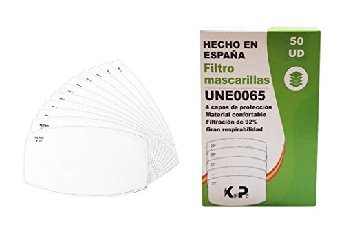 Pack de 50 filtros para mascarillas de tela de adultos - 4 capas de protección - 92% de filtración - fabricados en ESPAÑA