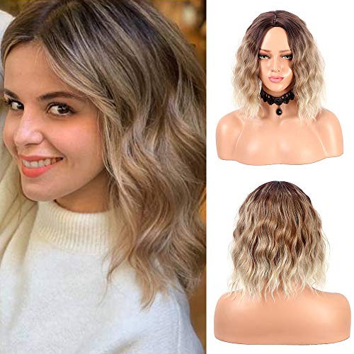 Peluca corta y rizada de Bob para mujer Moda Ombre Peluca de pelo sintético marrón fiesta rubia 14 pulgadas (4#/6/613)