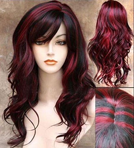 Peluca de pelo sintético ondulado de longitud media para mujer en color negro y rojo, para fiestas de disfraces