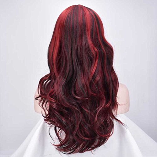 Peluca de pelo sintético ondulado de longitud media para mujer en color negro y rojo, para fiestas de disfraces