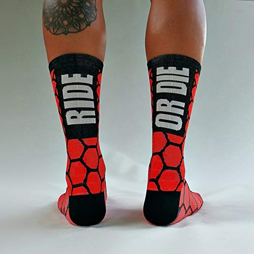 PERRO LOCO Calcetines compresivos de Ciclismo con Refuerzo en prepuntera. Edición Limitada. (Ride OR Die Rojo, 46-48)