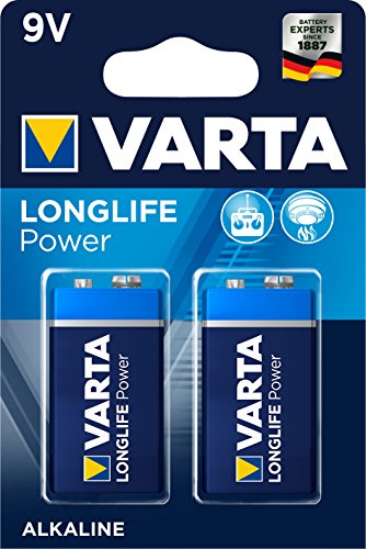 Pila de 9 V Varta Longlife Power 6LR61 (paquete de 2 unidades), pilas alcalinas E-Block - Ideal para los detectores de incendios, detectores de humo, afinadores