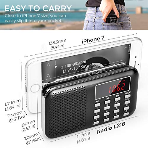 Radio de Transistor portátil pequeña, L-218 Radio Am/FM Digital de Bolsillo con Tarjeta Micro TF Reproductor de MP3 de Entrada Auxiliar de Disco USB, por PRUNUS(Negro)