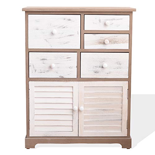 Rebecca Mobili Armario para baño, gabinete Blanco Gris, con 2 Puertas, 5 cajones, Estilo decapado, para Dormitorio y baño, decoración del hogar- Medidas: 77 x 60 x 30 cm (AxANxF) - Art. RE6075