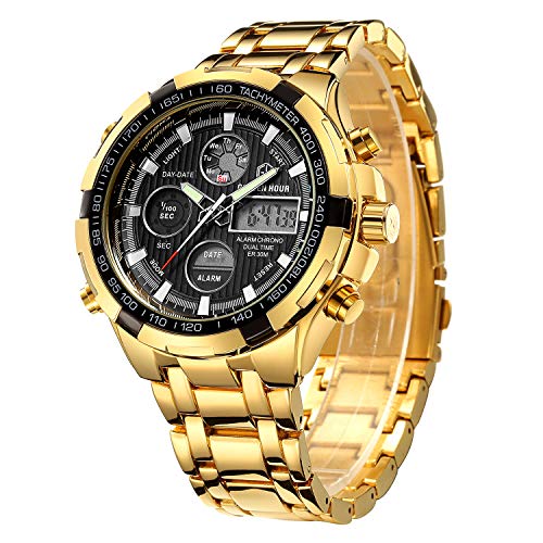 Reloj digital y analógico deportivo de acero inoxidable dorado, con cronógrafo, fecha y alarma, multifunción, resistente al agua, moderno y lujoso, para hombre