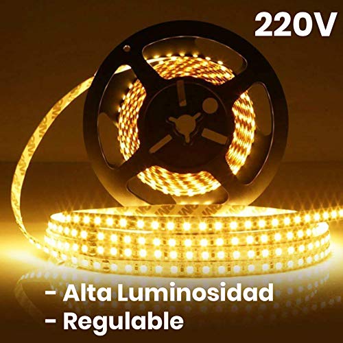 Rollo de 5 metros de Tira de Luz LED Directa a 220v. Color Blanco Calido (3000K). Impermeable. Corte cada 10cm. A++