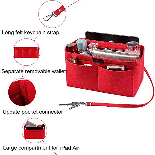 Ropch Bolso Organizador de Fieltro, Organizadores de Bolso Fieltro Bolsa en Bolsa Organizador Bolso Insertar con Bolsa de Cremallera Desmontable y Llavero (Rojo, XL)