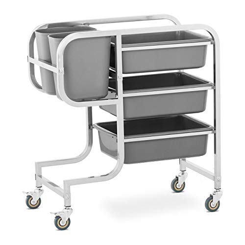 Royal Catering Carro De Servicio En Acero Inoxidable Camarera RCSW-3.2G (3 cubas para platos, 2 cubos de basura, Capacidad de carga 100 kg)