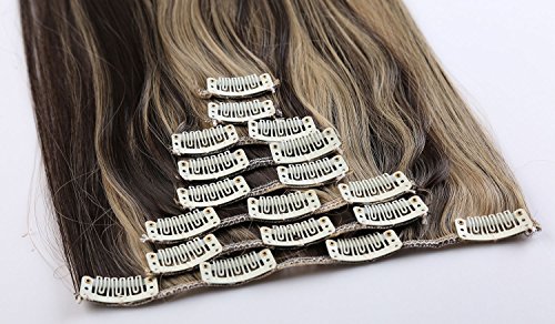 S-noilite® 24" (60 cm) extensiones de cabello cabeza completa clip en extensiones de pelo Ombre ondulado rizado - Marrón oscuro & ceniza rubia