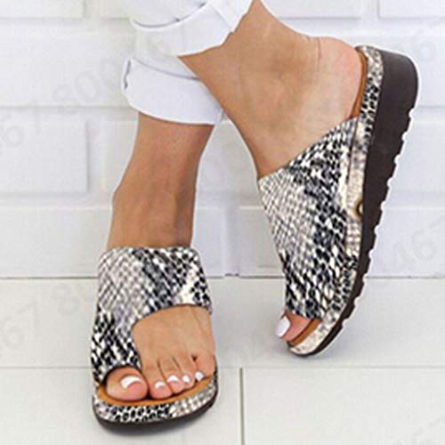 Sandalias Mujer Verano 2019 cáñamo Fondo Grueso Sandalias Punta Abierta Cuero Fondo Plano Zapatos Bohemias Romanas Hebilla Zapatillas Gris 35-43 riou