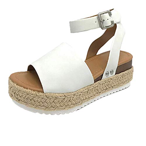 Sandalias Mujer Verano 2019 cáñamo Fondo Grueso Sandalias Punta Abierta Cuero Fondo Plano Zapatos Bohemias Romanas Hebilla Zapatillas Gris 35-43 riou