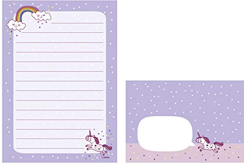 Set de 25 hojas de papel de carta unicornio para niñas: formato DIN A5, a rayas + 10 sobres (niños), color rosa y azul