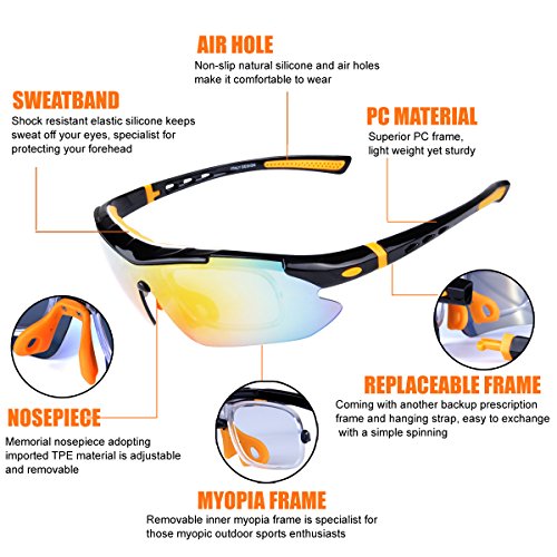 ShareWe Gafas de Ciclismo Unisex Gafas de Sol de Deportivas Polarizadas 5 Lentes Intercambiables para Deporte y Aire Libre Ciclismo Conducir Pesca Ski Esquiar Golf Correr (Negro + Naranja)