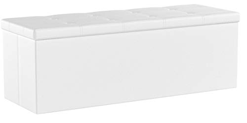 Songmics Baúl Puff - Taburete para almacenaje, Plegable Carga máxima de 300 kg, Blanco, 110 x 38 x 38 cm