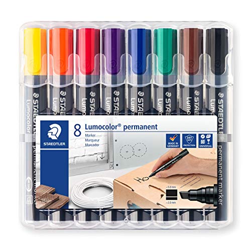 Staedtler Lumocolor 350 WP8. Rotuladores permanentes con punta biselada. Estuche con 8 marcadores de colores variados.