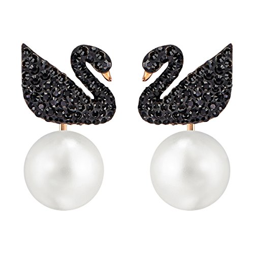 Swarovski Pendientes Ear Jacket Iconic Swan, negro, Baño en tono Oro Rosa