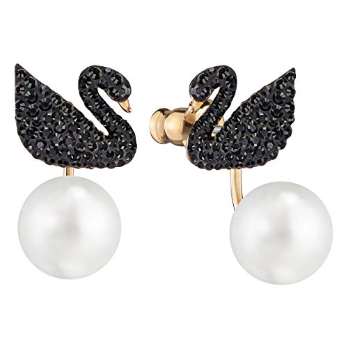 Swarovski Pendientes Ear Jacket Iconic Swan, negro, Baño en tono Oro Rosa