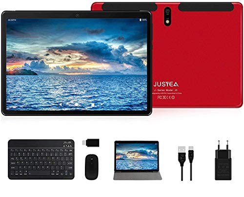 Tablet 10 Pulgadas Android 10.0 Tableta Ultra-Portátiles - RAM 4GB | 64GB Expandible (Certificación Google gsm) -JUSYEA - Batería de 8000mAh : SIM Dual & WiFi —Ratón | Teclado y Otros (Rojo)