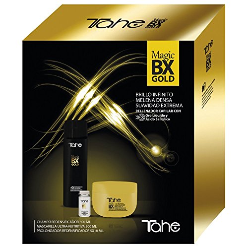 Tahe Magic BX Gold Pack Prolongador del Efecto de Magic BX Gold para Cabellos Secos, Champú Redensificador 300 ml y Mascarilla Redensificadora 300 ml y 5 viales de 10 ml