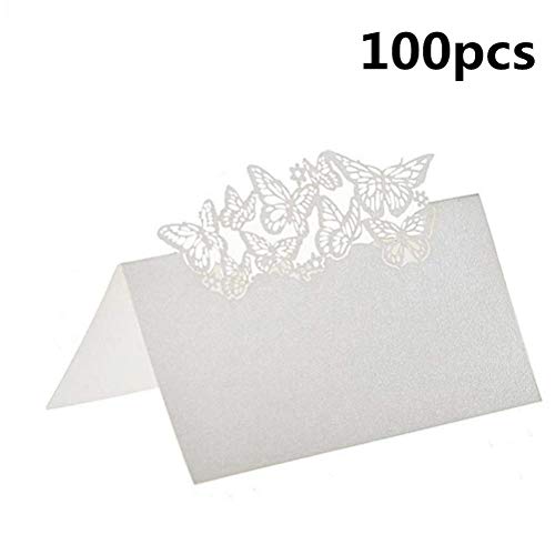 Tarjetas de Lugar Mesa 100 piezas 2 * 9cm Blanco Perla Mariposa Tarjetas de Nombre Lugar para Decoración de Fiesta de Boda