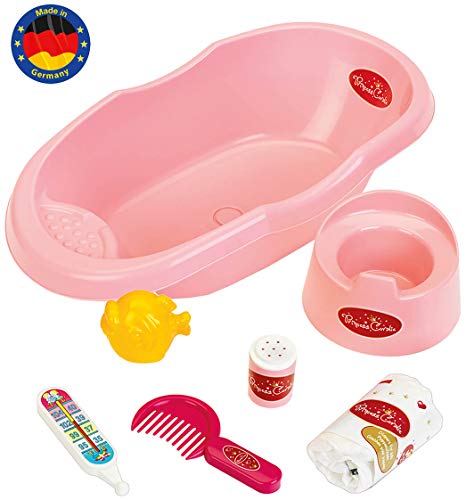 Theo Klein 1647 Set de bañera de la Princesa Coralie, Para muñecas de hasta 35 cm, Numerosos accesorios de baño y cuidado, a partir de 3 años, Medidas de la bañera: 41 cm x 11 cm x 23,5 cm