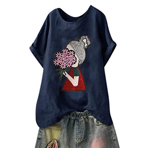 TUDUZ Blusas Mujer Manga Corta Verano Camisas Camiseta de Algodón y Lino con Estampado de Dibujos Animados (Armada.b, XXL)