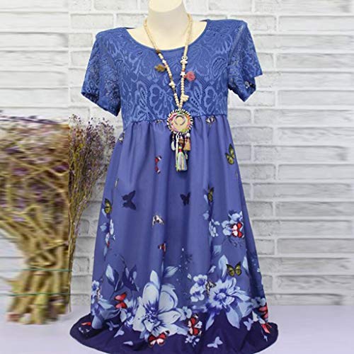 Vestido Mujer SHOBDW 2019 Nuevo Sexy Manga Corta Cuello Redondo Cintura Alta Elegante Estampado Floral Playa de Verano Vestido Mujer Fiesta Tallas Grandes S-5XL(Armada,5XL)