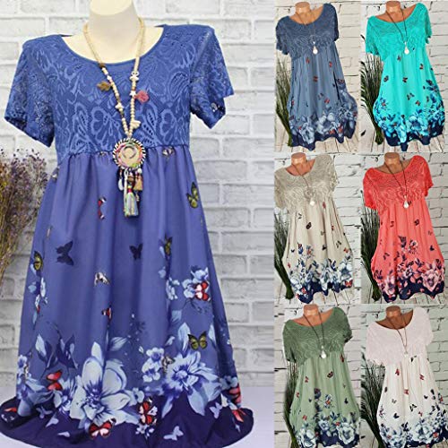 Vestido Mujer SHOBDW 2019 Nuevo Sexy Manga Corta Cuello Redondo Cintura Alta Elegante Estampado Floral Playa de Verano Vestido Mujer Fiesta Tallas Grandes S-5XL(Armada,5XL)