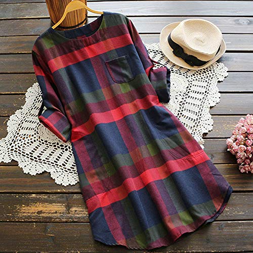 Vestidos para Mujer,Verano Vestidos Casual Cuadros Blusa Camiseta Tops Elegante Vestidos de Mujer Cortos vpass Manga Larga con Bolsillo