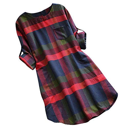 Vestidos para Mujer,Verano Vestidos Casual Cuadros Blusa Camiseta Tops Elegante Vestidos de Mujer Cortos vpass Manga Larga con Bolsillo