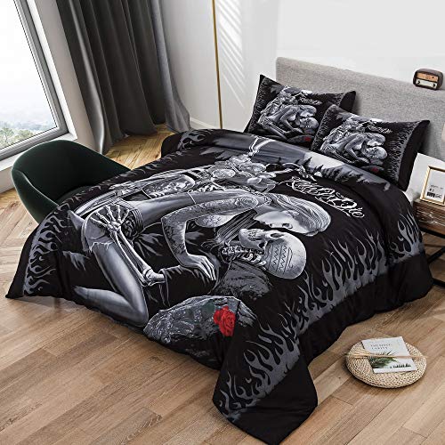 WONGS BEDDING Juego de Ropa de Cama Skull Juego de Fundas nórdicas Beauty Ride or Die Impreso Juego de Fundas nórdicas Hipoalergénico 3 Piezas Funda nórdica de Microfibra con cierr 200x200cm