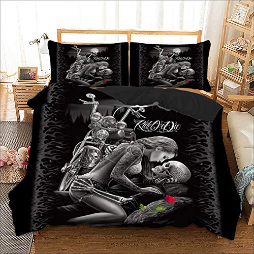 WONGS BEDDING Juego de Ropa de Cama Skull Juego de Fundas nórdicas Beauty Ride or Die Impreso Juego de Fundas nórdicas Hipoalergénico 3 Piezas Funda nórdica de Microfibra con cierr 200x200cm