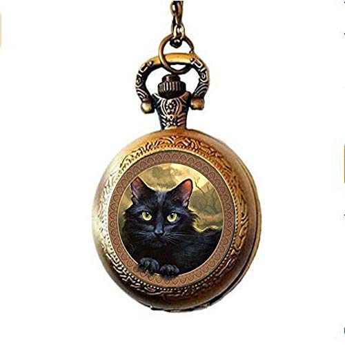 WYZQ Relojes de Bolsillo,Reloj de Bolsillo y Cadena, Collar de Reloj de Bolsillo de Gato, Reloj de Bolsillo de Cuarzo de Gato, joyería Encantadora de Gato Negro, para Regalo de Amante