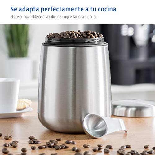 Xavax Bote para café molido o en granos, recipiente hermético para conservar el aroma, bote de almacenamiento de acero inoxidable plateado y cuchara medidora, 1,8 L