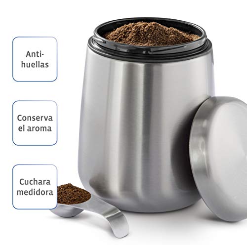 Xavax Bote para café molido o en granos, recipiente hermético para conservar el aroma, bote de almacenamiento de acero inoxidable plateado y cuchara medidora, 1,8 L