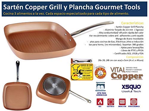 XSQUO Useful Tech Rebajase !! Sartén y Plancha Grill de 28 cm. Apta para inducción. Vital Copper Gourmet Tools