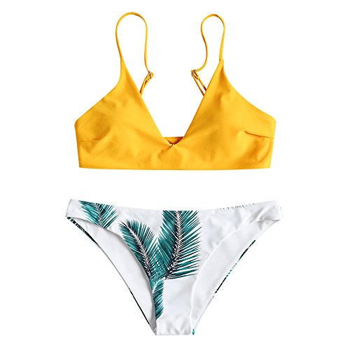 Zaful Bikini acolchado push-up para mujer con diseño de hojas Abeja amarilla. M