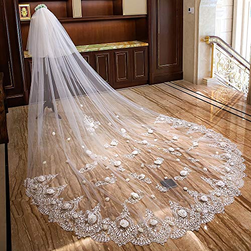 ZAGO Velo Hilados Atada de 3,5 m con Velo de Novia de Pelo cardado de Encaje Larga for Mujer del Velo Mujeres Accesorios de Boda (Color : Ivory, Size : 400cm)