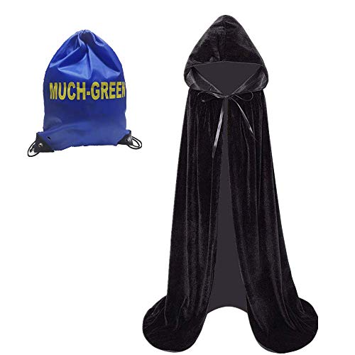 Much-Green Capa con Capucha Negra Terciopelo Largo Disfraz,Disfraces de Halloween para Unisex Adulto Fiesta(M, Negro)