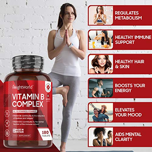 Vitamina B Complex 180 Comprimidos Dosis Alta Vitaminas del Grupo B Vegano- Complejo Vitamínico B con Vitamina C, Biotina, Ácido Fólico B1, B2, B3, B5, B6 y B12, Aumenta Concentración y Memoria