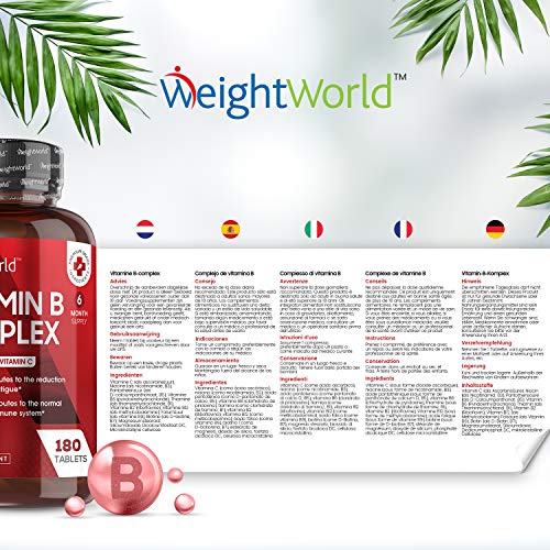 Vitamina B Complex 180 Comprimidos Dosis Alta Vitaminas del Grupo B Vegano- Complejo Vitamínico B con Vitamina C, Biotina, Ácido Fólico B1, B2, B3, B5, B6 y B12, Aumenta Concentración y Memoria