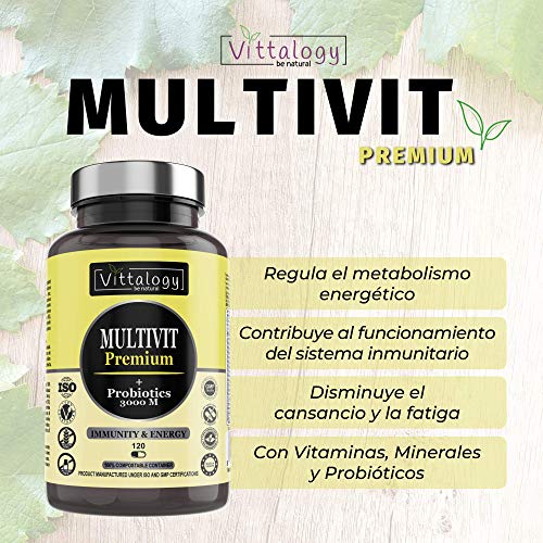 Vittalogy Multivit Premium. Multivitaminas Con Sales Minerales y Probióticos. Combate El Cansancio Y Aumenta Las Defensas. Hombre Y Mujer. Mejora En El Deporte Y Estudio. 120 Cápsulas.