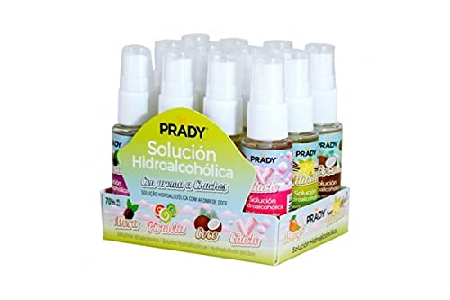 12 Spray Hidroalcohólico Prady con 6 Aromas: Piruleta, Chicle, Mango, Mora, Coco y Vainilla - Fabricado en España - 70% de Alcohol - Espray Desinfectante Gel Perfumado Niños Olor Golosinas Solución