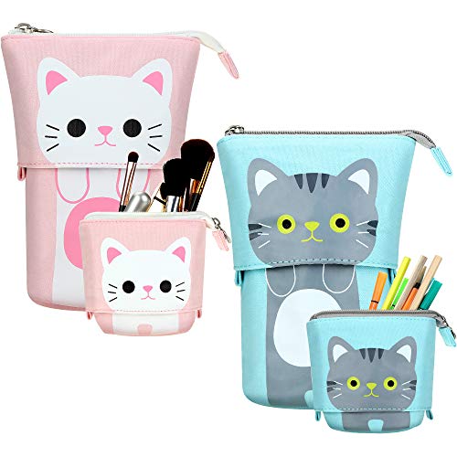 2 Bolsas de Lápices de Pie Transformador Organizador de Lápices Telescópico de PU Lona de Gato Lindo de Dibujo Animado Bolsa de Cosméticos Maquillaje con Cremallera para Navidad (Gris y Blanco)