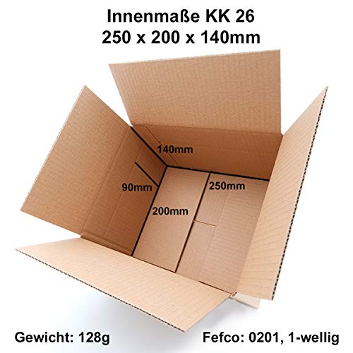 25 cajas plegables 250 x 200 x 140 mm, marrón, KK 26, 1 onduladas, rectangulares, cajas de envío para mercancías medianas | DHL paquetes M | DPD S | GLS S S S | H paquete S | cajas medianas