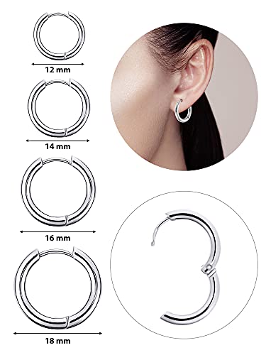 4 Pares Pendientes de Aro de Acero Inoxidable Anillos de Labios Nariz Pendientes de Aro Pequeños de Cartílago para Hombre y Mujer (12 mm, 14 mm, 16 mm, 18 mm, Color de Acero)