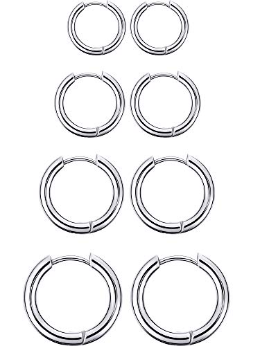 4 Pares Pendientes de Aro de Acero Inoxidable Anillos de Labios Nariz Pendientes de Aro Pequeños de Cartílago para Hombre y Mujer (12 mm, 14 mm, 16 mm, 18 mm, Color de Acero)